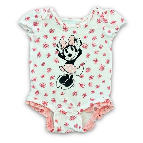 Disney Parks 3M Minnie Mouse Graphic Pink Roses Eyelet Ruffles Cotton Onesie - Picture 1 of 10